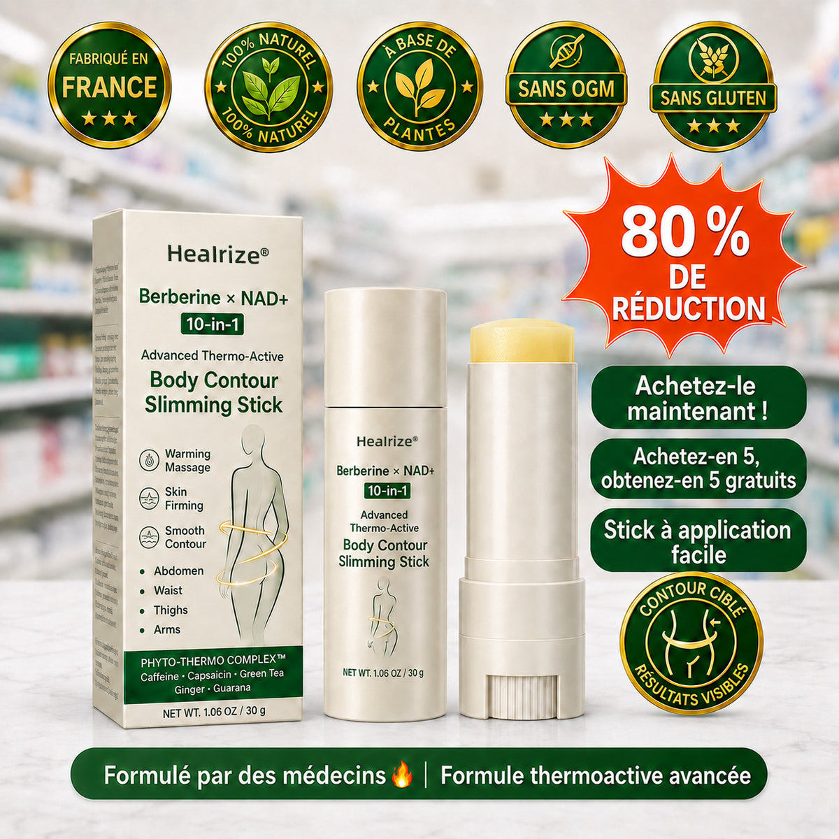 🌱 Formulé par des professionnels de santé | 𝐇𝐞𝐚𝐥𝐫𝐢𝐳𝐞® Bérbérine × NAD+ Stick Minceur Thermo-Actif Avancé 10-en-1 pour le Remodelage Corporel
