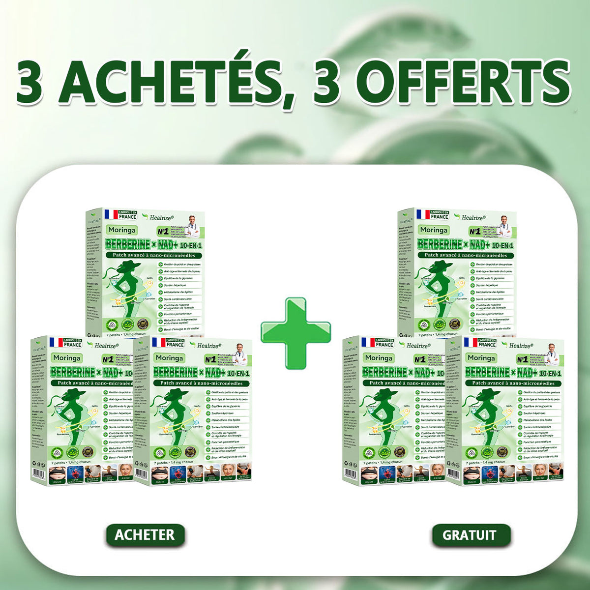 🇫🇷 Healrize® 🍀🌿 Patch nano-microaiguilles 10-en-1 Moringa · Berbérine · NAD+ | 1× par jour