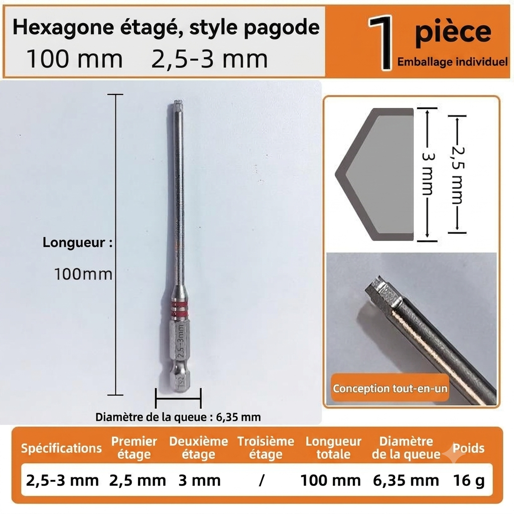 🔧 BVJ® Jeu d’embouts de tournevis hexagonaux tout-en-un type pagode (6 pièces)