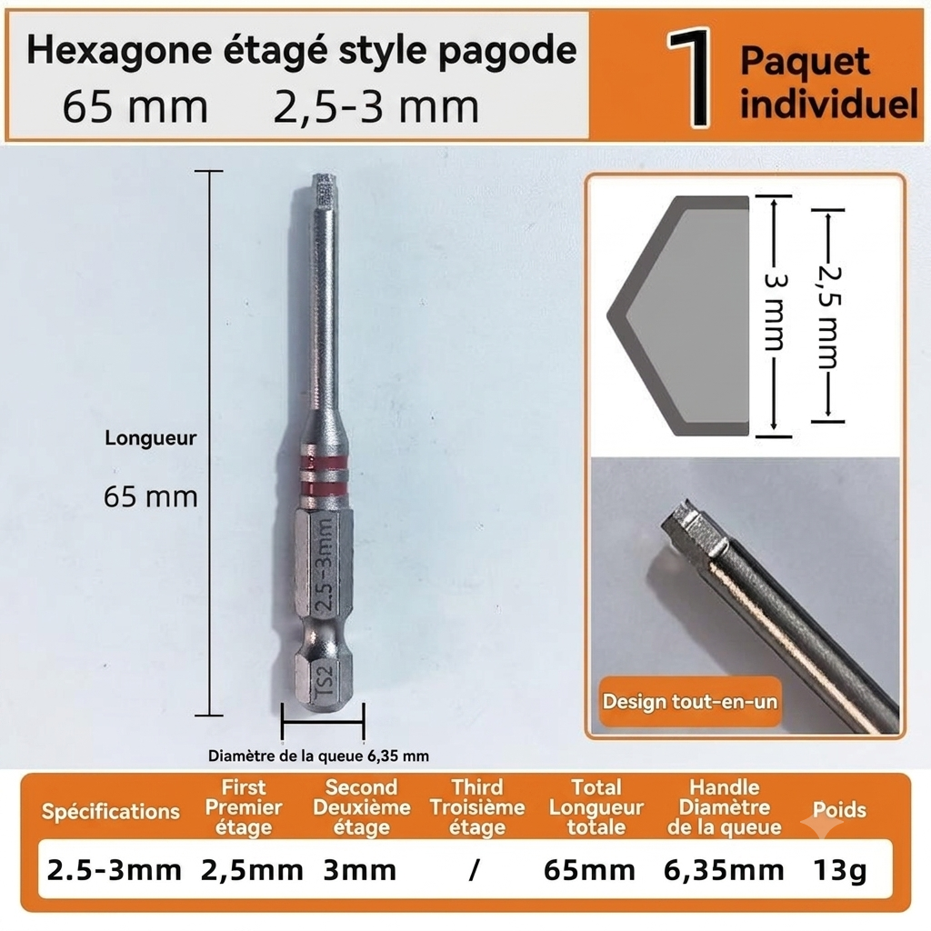 🔧 BVJ® Jeu d’embouts de tournevis hexagonaux tout-en-un type pagode (6 pièces)