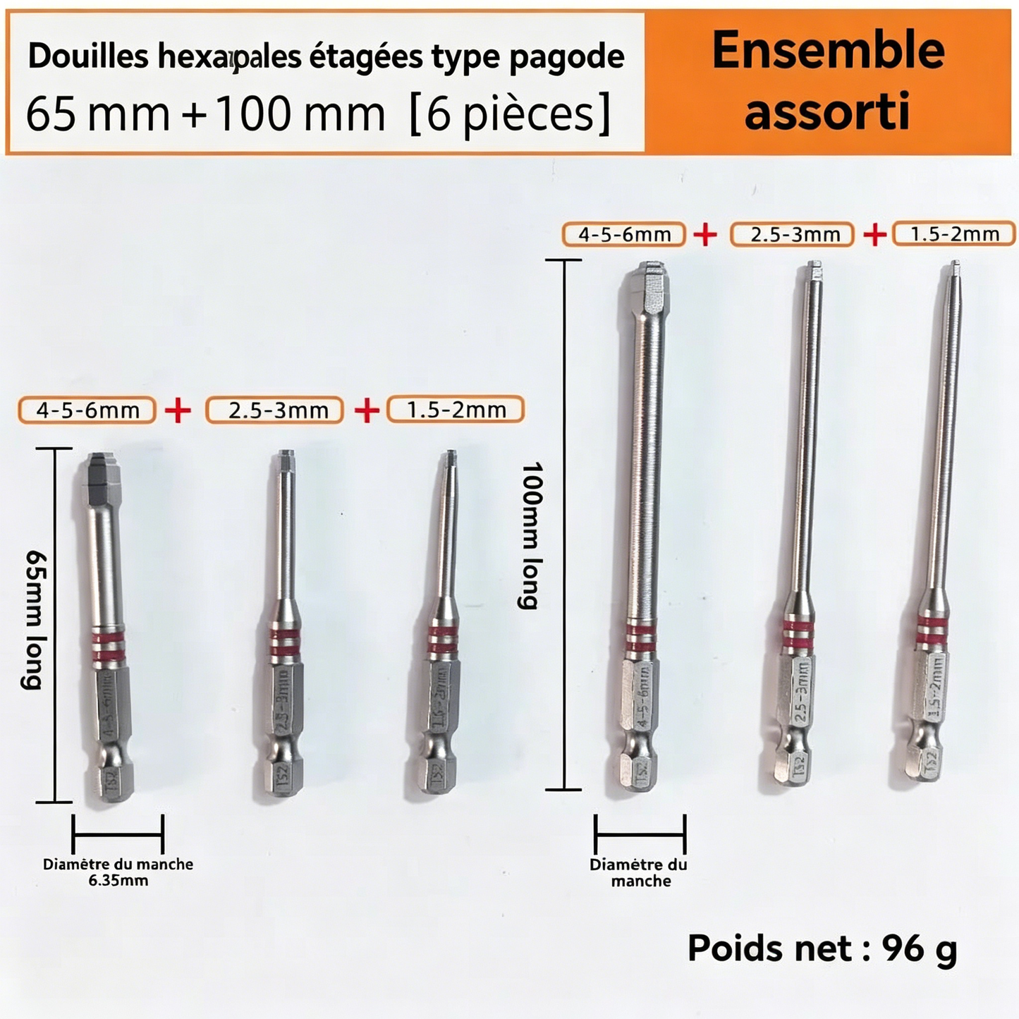 🔧 BVJ® Jeu d’embouts de tournevis hexagonaux tout-en-un type pagode (6 pièces)