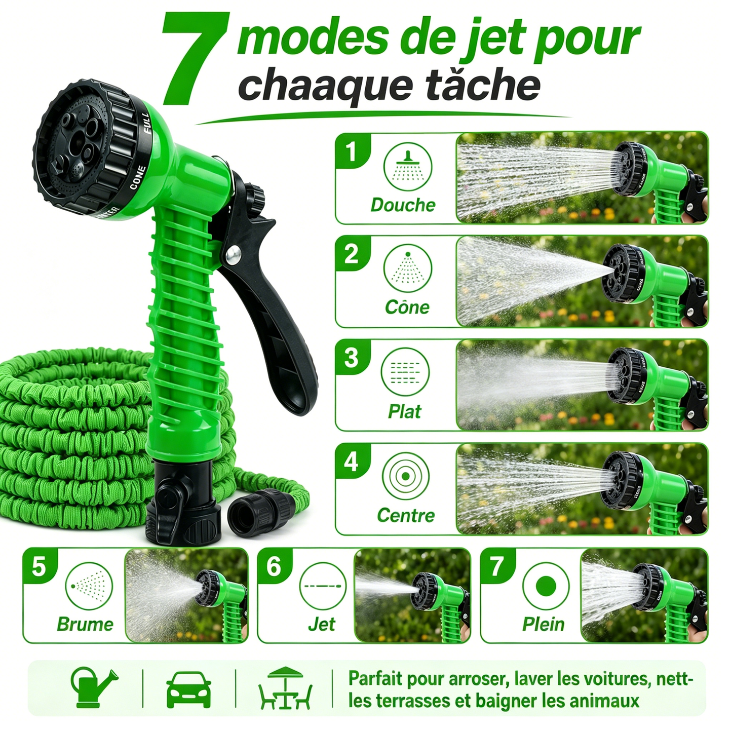 💦 BVJ® Pistolet d’arrosage haute pression multifonction – Outil de pulvérisation d’eau extérieur vert pour arrosage et nettoyage - DW